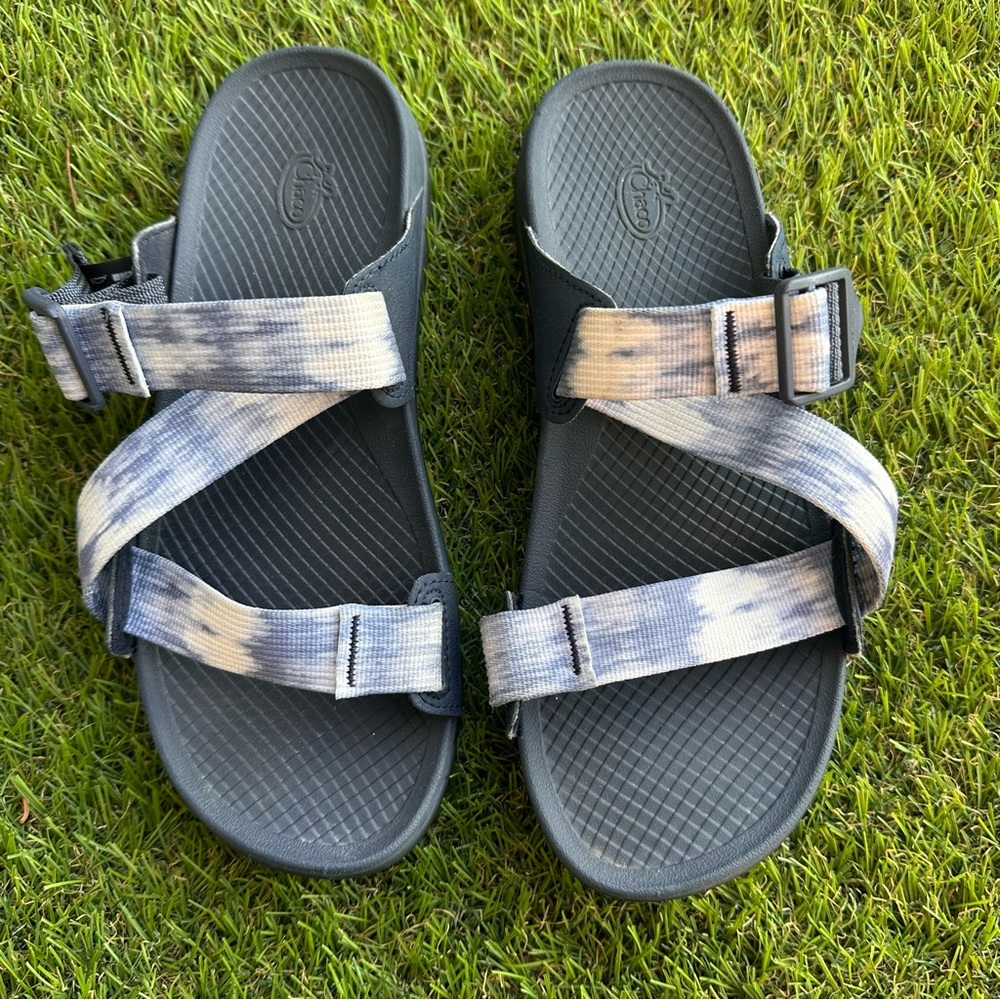 Chaco Navy Sandals with Blue and White Tie-Dye Straps